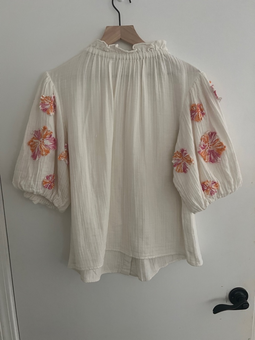 Cream Embroidered Puff-Sleeve Women’s Top